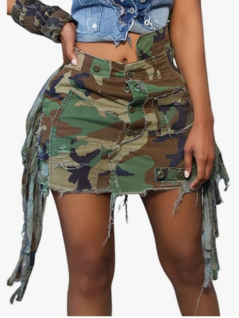 NWT Micas Camo Cargo Button & Tassel Fringe Raw Edge Army Mini Skirt - Picture 4 of 10